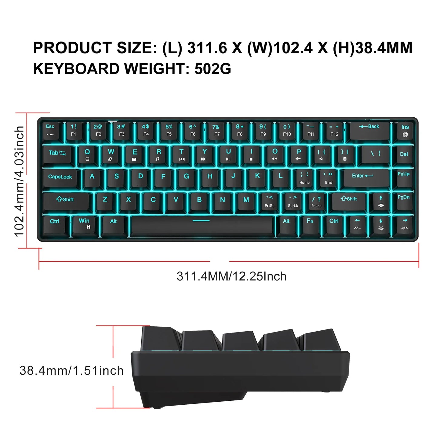 Tastiera meccanica gaming 60% USB con tasti bianchi, mini tastiera gamer ergonomica per computer, retroilluminata, tastiera PC per musica