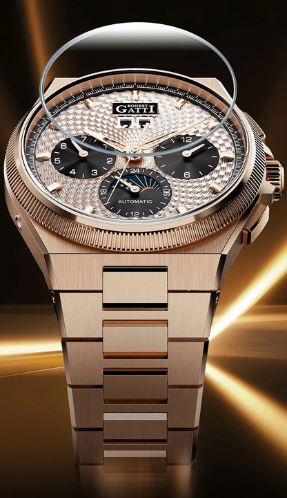 BONEST GATTI 2026 New Men's Automatic Watch 316L Stainless Steel Luminous Date Week Month 24H Display Business Mechanical Watch