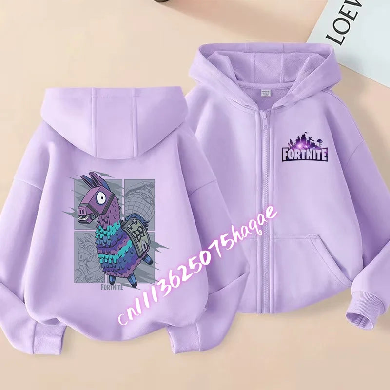 Casaco com capuz infantil Fortnite de outono, com fecho, estampado com personagem de jogo em estilo cartoon, casaco de inverno para criança, roupa para menino