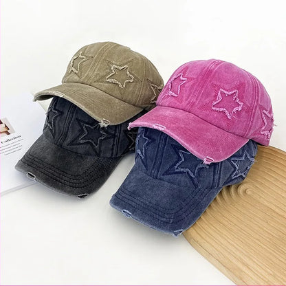 Women's Five Pointed Star Design Washed Cotton Baseball Cap Fashion Street Dad Hat