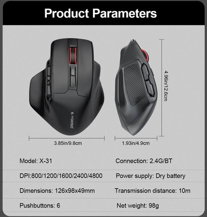 E-YOOSO X-31 Pro USB гейминг мишка с голяма опора, Bluetooth 2.4G безжична връзка, PAW3212, 4800 DPI, за геймъри, компютър, лаптоп и PC