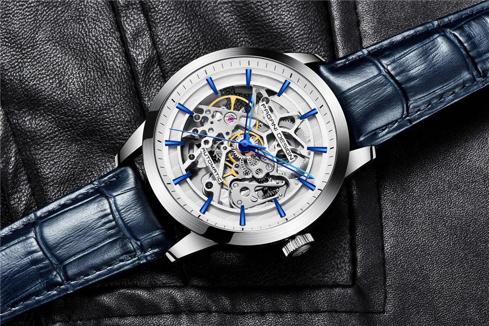 PAGANI DESIGN 2026 New Skeleton Men's Mechanical Watches Top Luxury Automatic Watch Men Blue Leather Waterproof Wrist watch Men
