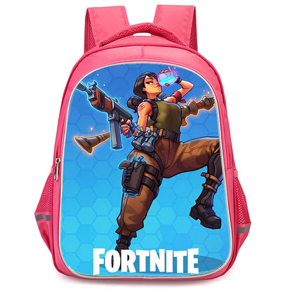Mochila Fortnite Cartoon vermelha de 16" unissexo com fecho duplo, grande capacidade, mochila escolar para crianças, meninos e meninas dos 5 aos 8 anos