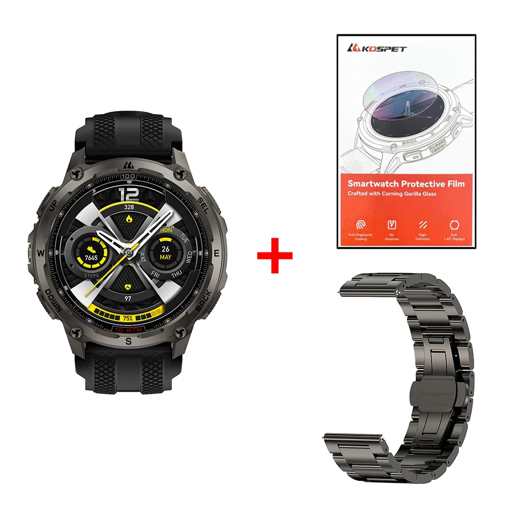 KOSPET Tank T4 Men's Rugged Smart Watch Military Grade Full Stainless Steel GPS 100M Waterproof 45M Freediving Health Monitor