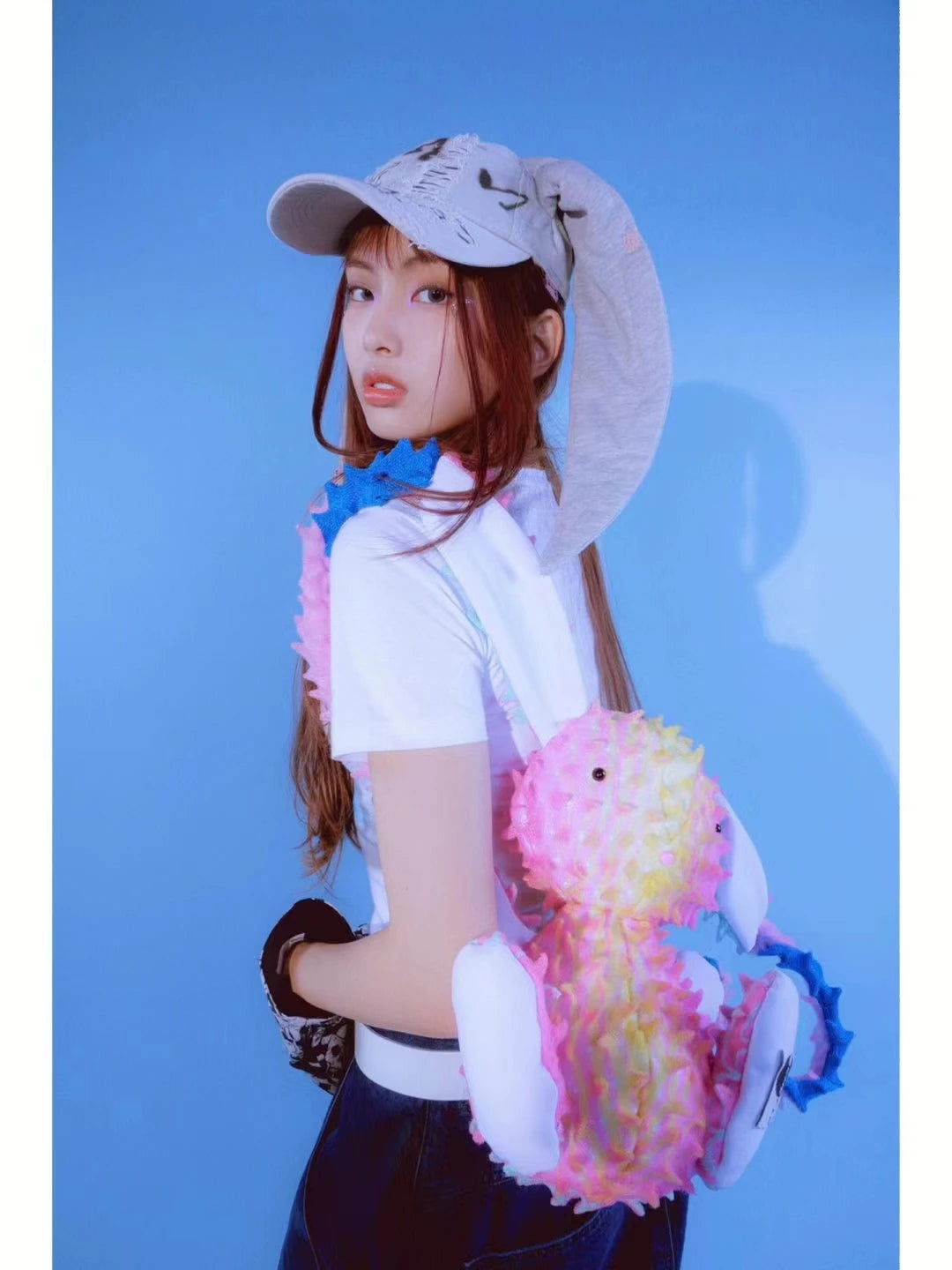 New MinJi Haerin OMG Stage Long Rabbit Ear Hat Y2K Style Denim Blue Baseball Cap Fashion Hip-Pop Cap Couple Birthday Gifts