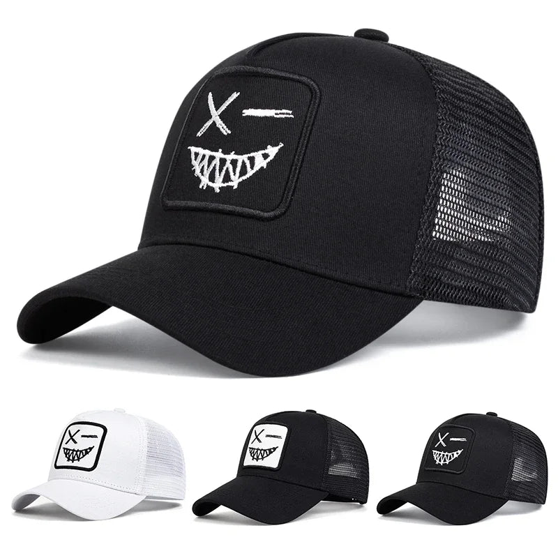 Czapki z daszkiem typu „trucker” unisex z haftem przedstawiającym uśmiechniętą twarz z zębami, z siateczką baseballową, na wiosnę i lato, chroniące przed słońcem, z regulowanym paskiem, na co dzień