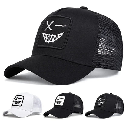 Czapki z daszkiem typu „trucker” unisex z haftem przedstawiającym uśmiechniętą twarz z zębami, z siateczką baseballową, na wiosnę i lato, chroniące przed słońcem, z regulowanym paskiem, na co dzień