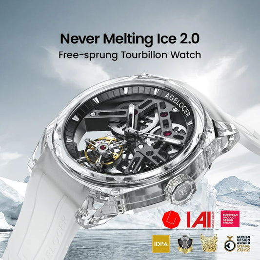 Relógio AGELOCER de edição limitada “Ice Never Melts” com turbilhão de cristal de espiral livre — relógios mecânicos manuais de luxo
