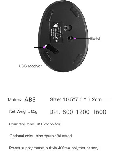 BTS-908 Mouse verticale ricaricabile di tendenza, mouse wireless ergonomico con ricevitore USB 2.4G, DPI regolabile fino a 1600 e 6 pulsanti