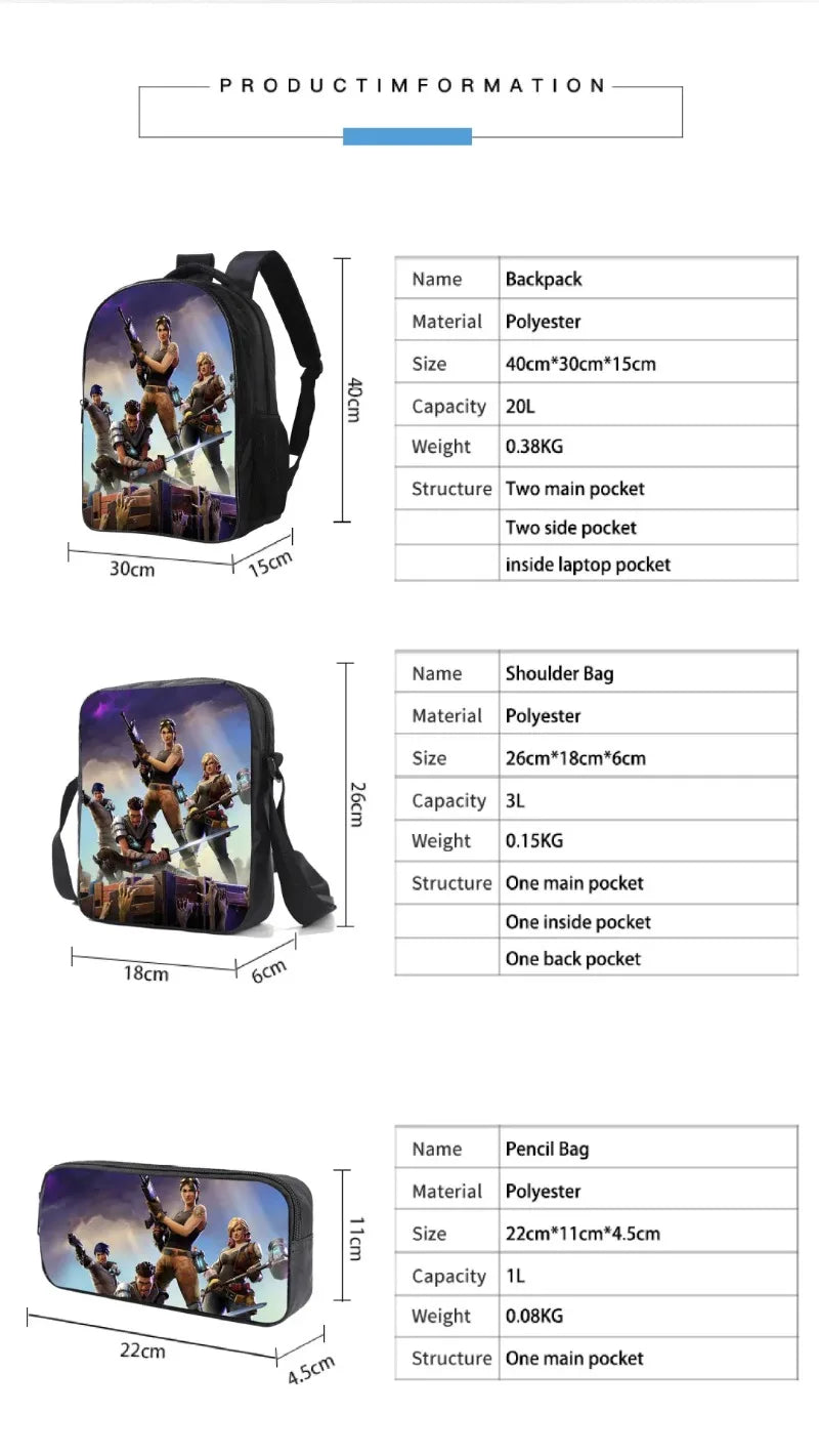Mochila Fortnited 3PCS para Rapazes, Victory Game, 16 Polegadas, Resistente à Água, Mochila Pré-Escolar, Mochilas Escolares Fixes para o Ensino Básico