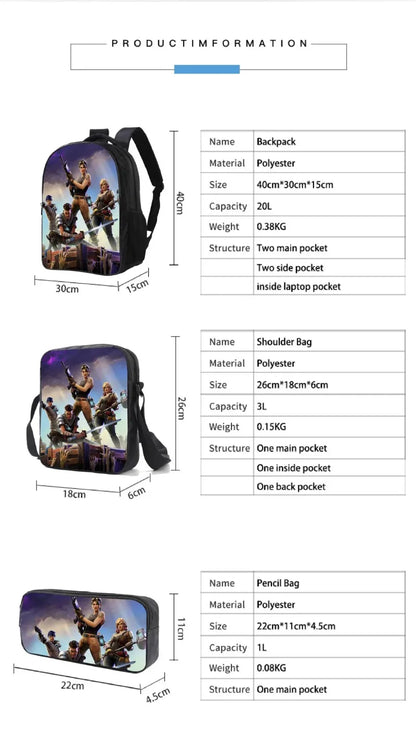 Mochila Fortnited 3PCS para Rapazes, Victory Game, 16 Polegadas, Resistente à Água, Mochila Pré-Escolar, Mochilas Escolares Fixes para o Ensino Básico