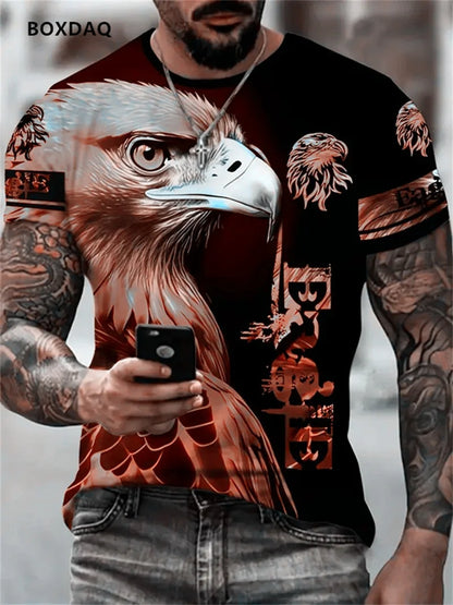 Vyriški „Fashion Eagle“ marškinėliai, laisvo kirpimo, su apvalia iškirpte, laisvalaikio stiliaus, trumpomis rankovėmis, su 3D gyvūno rašto spauda, gatvės stiliaus marškinėliai, 6XL didelis dydis, kvėpuojantys marškinėliai