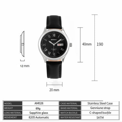 BERNY Automatic Watches for Men Sapphire Luminous Hands Day Calendar Dress Luxury Mechanical Watch 5ATM Vintage-Style Wristwatch
