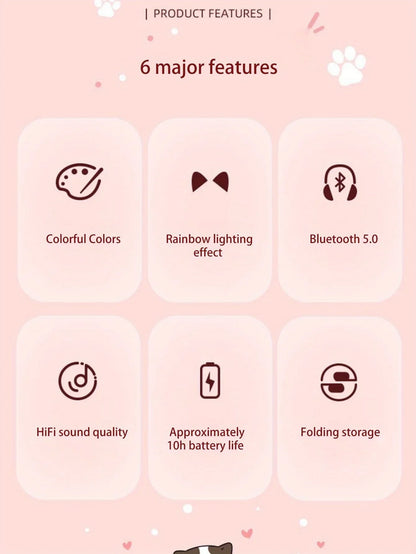 Cute Cat Ears Wireless Bluetooth Headphones with Mic LED Lights, Kids Stereo Music Headset, Cat Ear Wireless Headphones with Noise Cancelling, Gaming & Gift Headphones