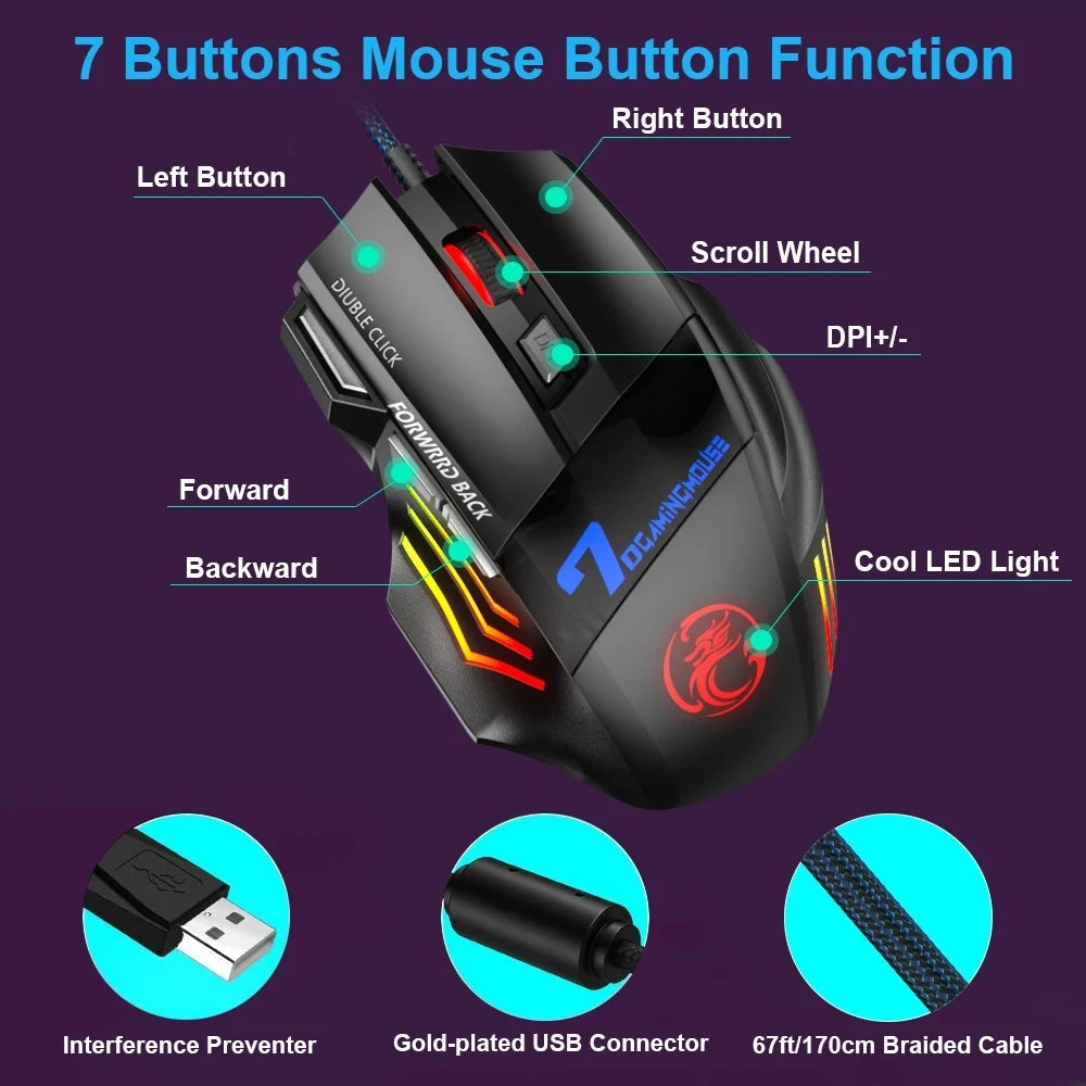 Rato Gaming com Fio para Computador, Retroiluminação RGB, Ergonómico e Silencioso, LED, 7 Botões, USB, para PC e Desktop