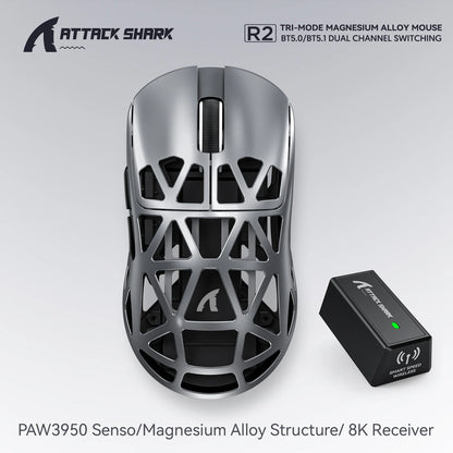 Mouse da gaming wireless Attack Shark R2 PAW3950 8K in lega di magnesio, leggero, Bluetooth tri-mode per gaming/ufficio
