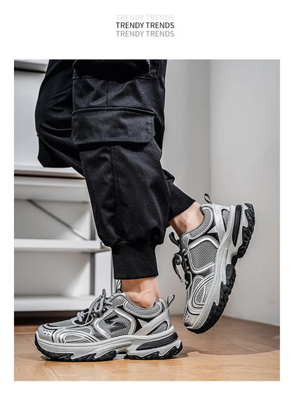 Unisex Trendy Chunky Dad Sneakers Silver Black Retro Couple Breathable Mesh Casual Platform Shoes