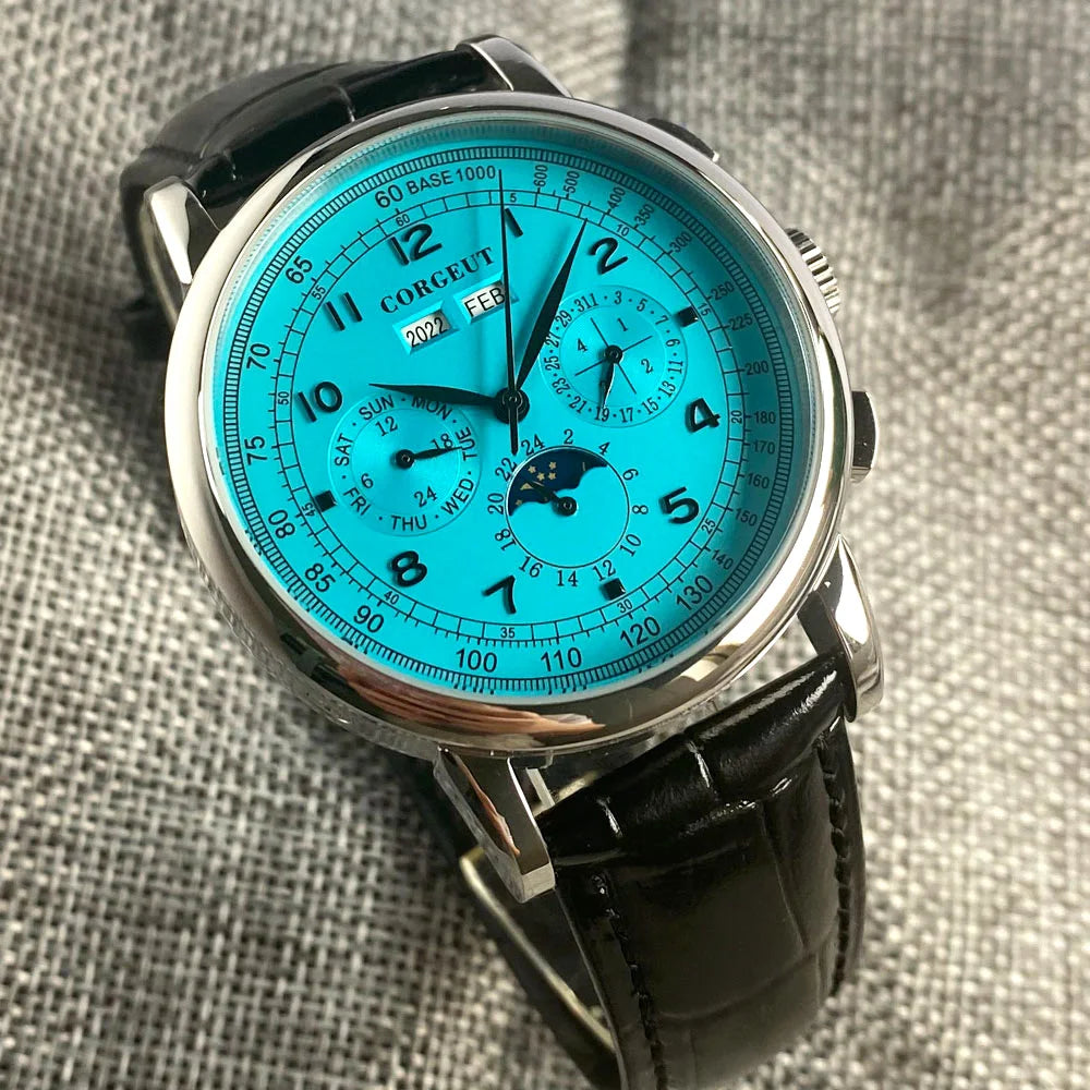 Corgeut Multi Functional Watch Automatic Mechanical Watch for Men 42mm Day Date Month Year Day/Night ST1655 Movt Polished Case