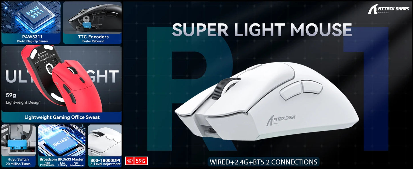 Ratón gaming trimodo ATTACK SHARK R1, sensor PixArt PAW3311, 18000 DPI, 1000hz, ultraligero de 59g para manos grandes, para PC/Mac