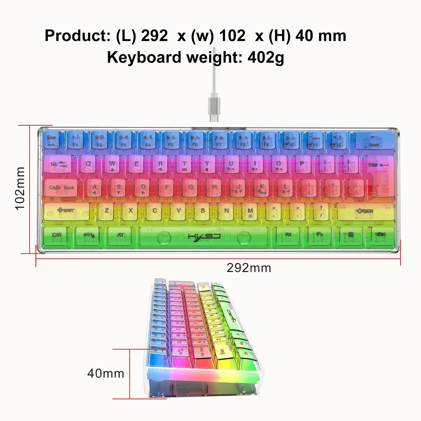 HXSJ 60% kabelgebundene transparente Gaming-Tastatur, RGB-beleuchtet, ultrakompakte wasserdichte kleine Kompakttastatur mit 61 Tasten für PC/Mac