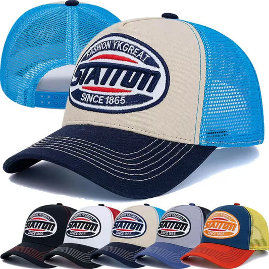 Boné de basebol unissexo novo estilo Classic STATION, com padrão de letras, em malha respirável, para homem e mulher, streetwear de verão, tipo trucker