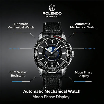 ROLENDO 1908 Men Automatic Mechanical Watch 21 Jewels Black Genuine Leather Business Wristwatch Waterproof Luxury Male Timepiece