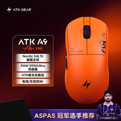 Mouse gaming wireless ATK A9 con tecnologia NearLink, ergonomico, PAW3395, tri-mode Bluetooth a bassa latenza, mouse esports per PC