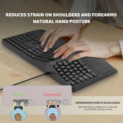 K9 ergonomische geteilte USB-Kabeltastatur mit Handballenauflage, 110 Tasten, Gaming-Tastatur für Business-Büros