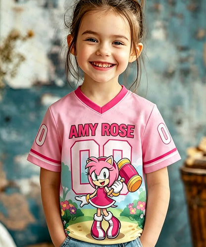 Sonic Anime Merchandise 3D Printed V-Neck Jersey T-Shirt for Kids & Adults, Multi-Size Loose Fit Casual Sports Short Sleeve Top