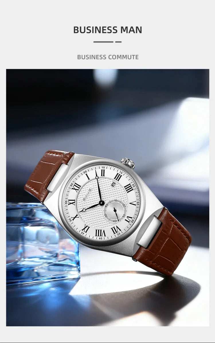 SKMEI 9390 Elegant Men's Quartz Watch Roman Scale Calendar Waterproof Leather Strap Casual Business Watches for Man Reloj Hombre