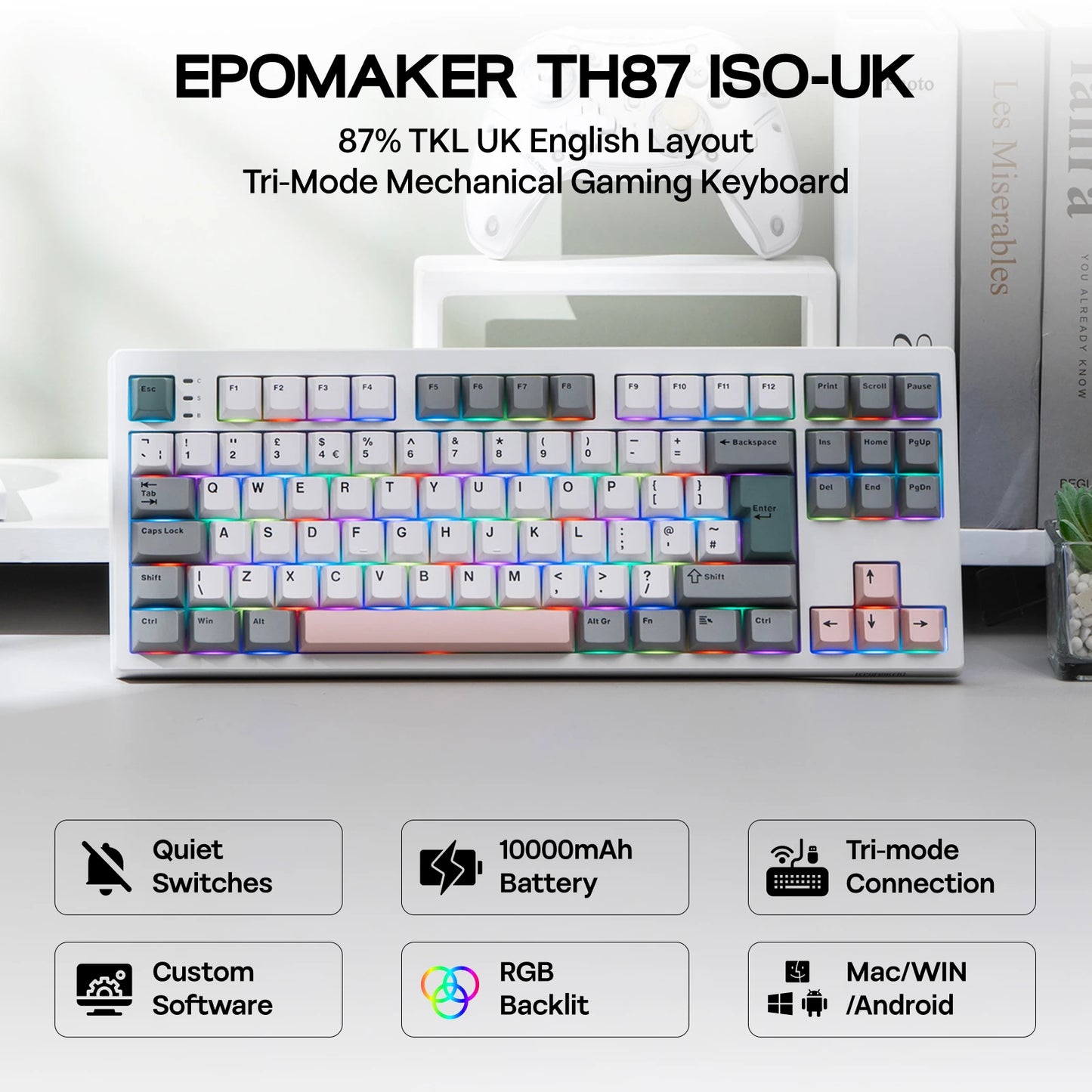 ISO-UK-Layout EPOMAKER TH87 TKL-Layout kabelgebundene/BT/2.4Ghz kabellose mechanische NKRO-Tastatur mit 10000mAh-Akku & RGB-Beleuchtung