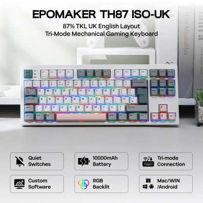 ISO-UK-Layout EPOMAKER TH87 TKL-Layout kabelgebundene/BT/2.4Ghz kabellose mechanische NKRO-Tastatur mit 10000mAh-Akku & RGB-Beleuchtung