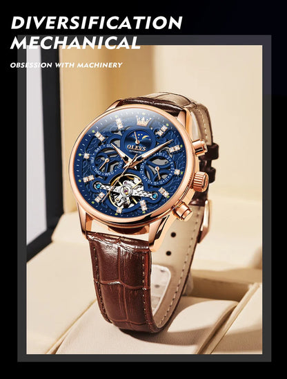 OLEVS 6658 Automatic Mechanical Watch for Man Leather Strap Waterproof Moon Phase Business Dress Men's Watches