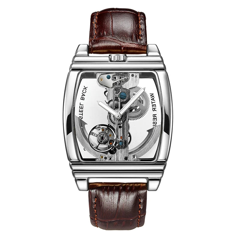 SHENHUA Mens Watches Top Brand Luxury Automatic Mechanical Transparent Skeleton Bridge Watch Leather Belt Wristwatch Male Clock