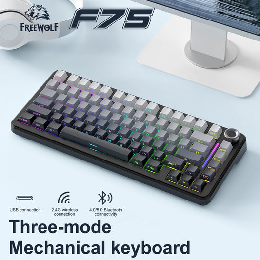 F75 Mechanical Keyboard FREEWOLF 81 Keys Layout Metal Knobs PBT Keycaps,Fully Hot-swappable Keys RGB Multi-color Backlighting