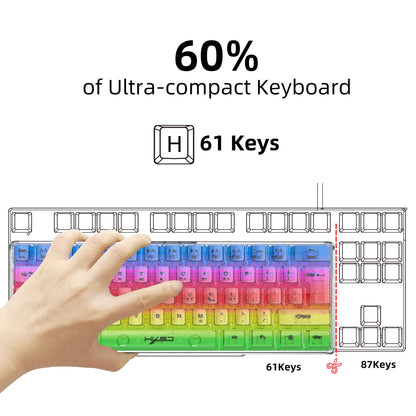 HXSJ 60% kabelgebundene transparente Gaming-Tastatur, RGB-beleuchtet, ultrakompakte wasserdichte kleine Kompakttastatur mit 61 Tasten für PC/Mac