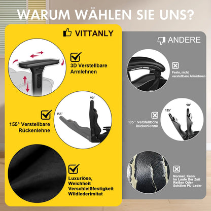 Vittanly Gaming Chair Ergonomic Office Chair with Footrest, Breathable Fabric Adjustable Rotating Computer Chair with 3D Armrests for Gaming & Work