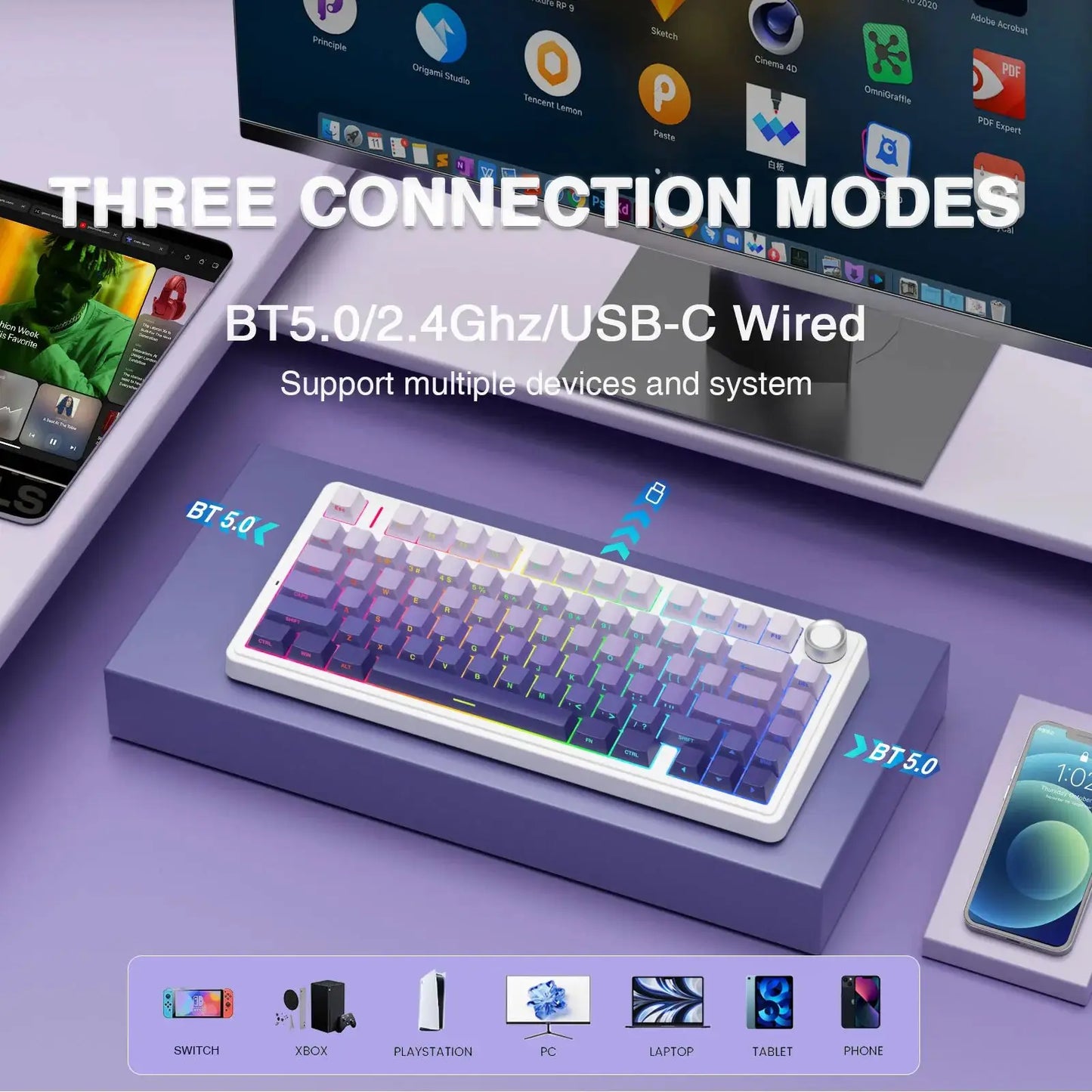 AULA F75 Pro kabellose mechanische Gaming-Tastatur mit Gasket-Mount, RGB, anpassbar, 75-%-Layout und seitlich gravierten PBT-Tastenkappen