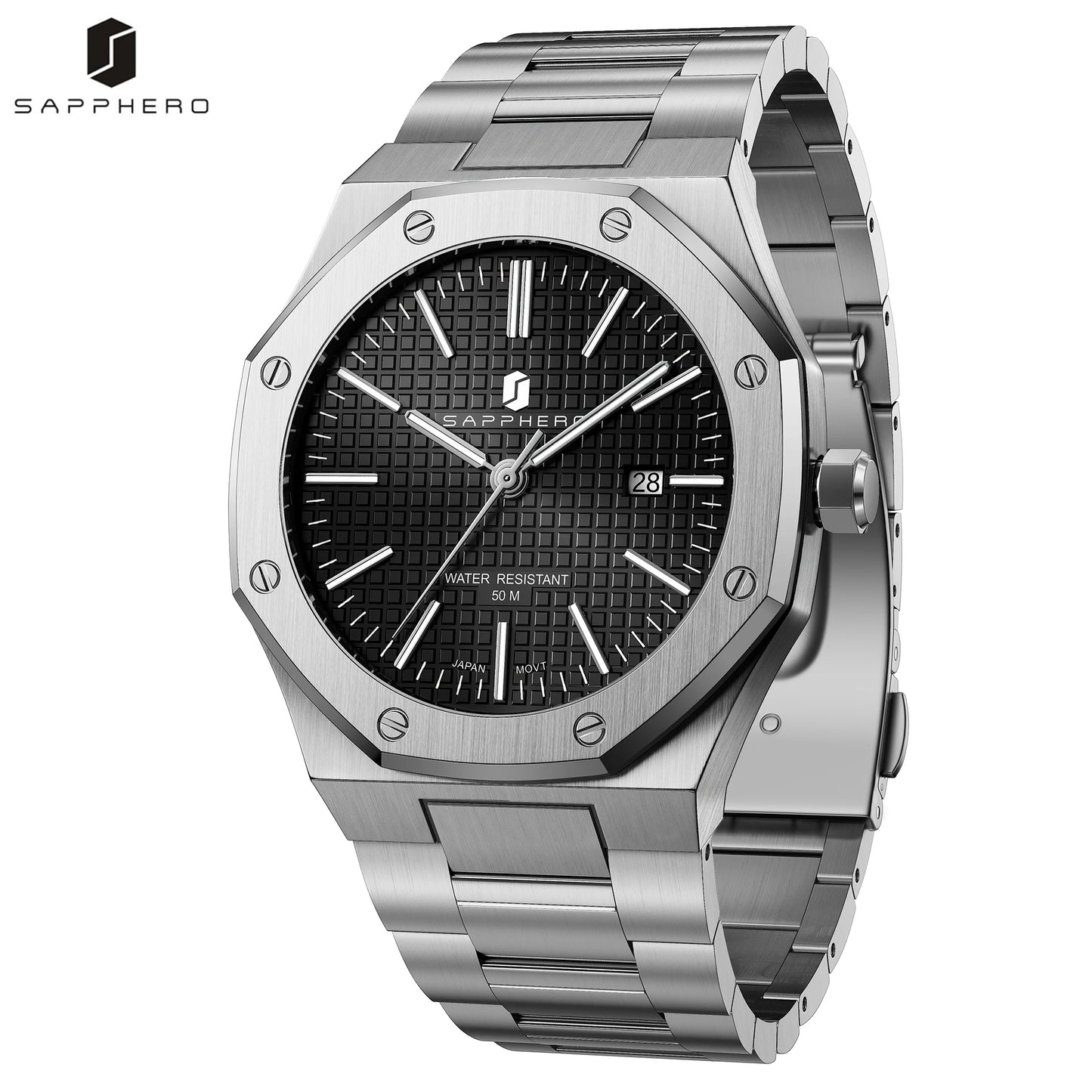 SAPPHERO Men’s Analog Watch Stainless Steel Japan Quartz Movement Date Display 50m Waterproof Classic Business Casual Wristwatch