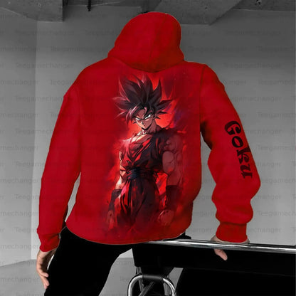 Conjunto de hoodie vermelho e calças jogger DRAGON BALL Goku para homem e mulher, outfit de duas peças com estampado de personagem anime e design preto Wu Kanji