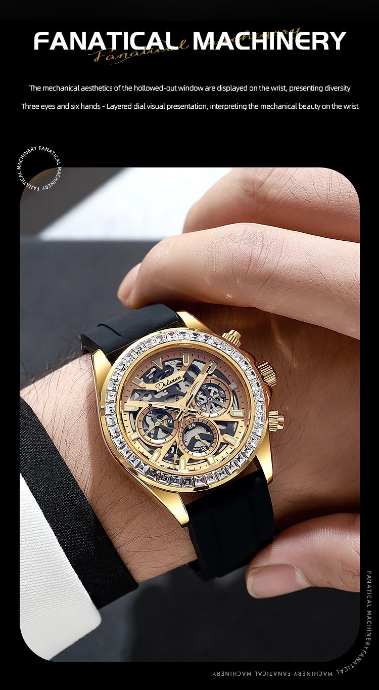 Diamond Bezel Stainless Steel Automatic Watch Fashion Mulitfunction Waterproof Luminous Mechanical Watches for Men