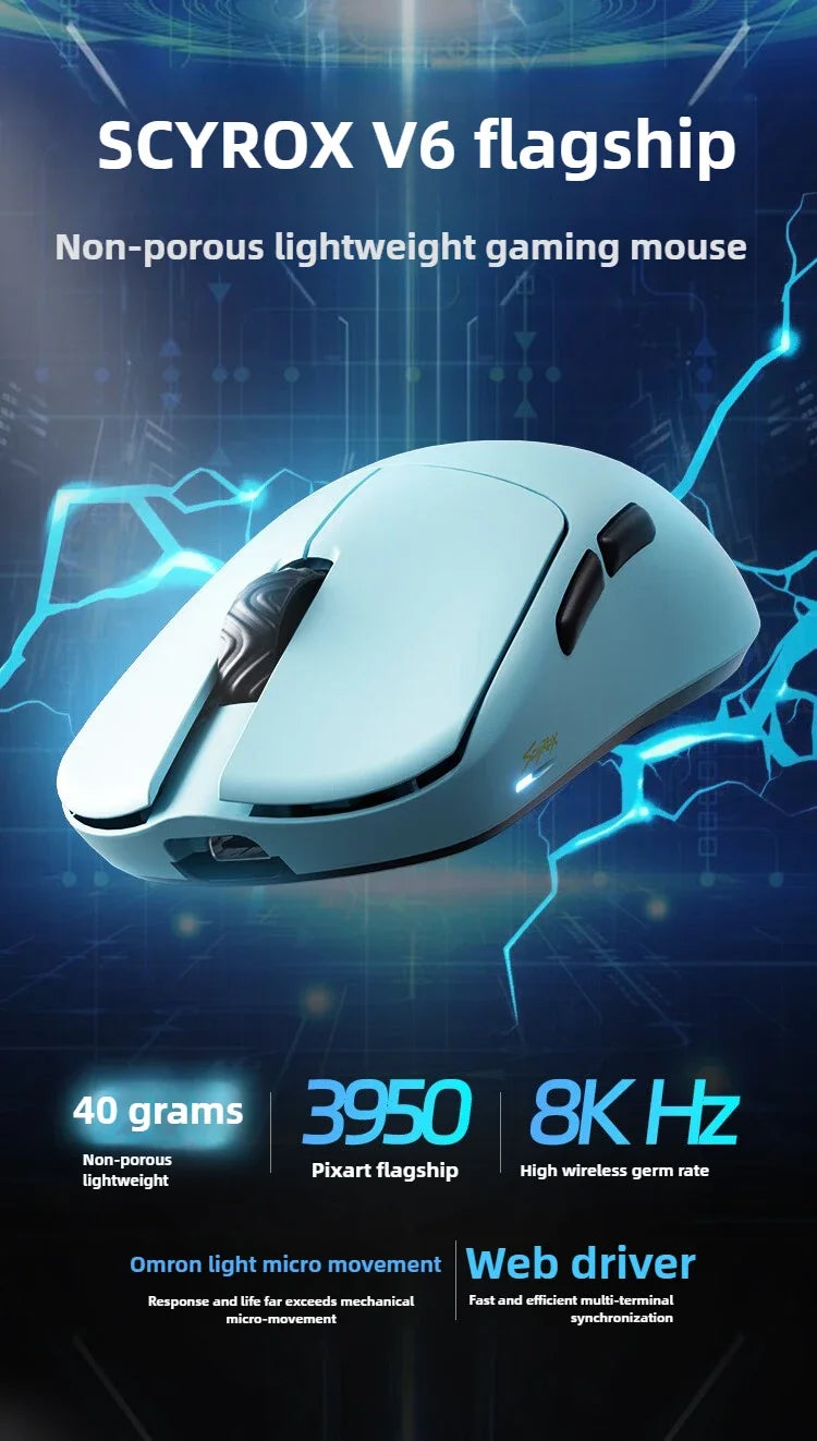 SCYROX V6 ikke-porøs trådløs esports-mus 40g 750IPS med 8k-modtager, hurtig respons, PixArt 3950, høj kvalitet, 8KHz webdriver