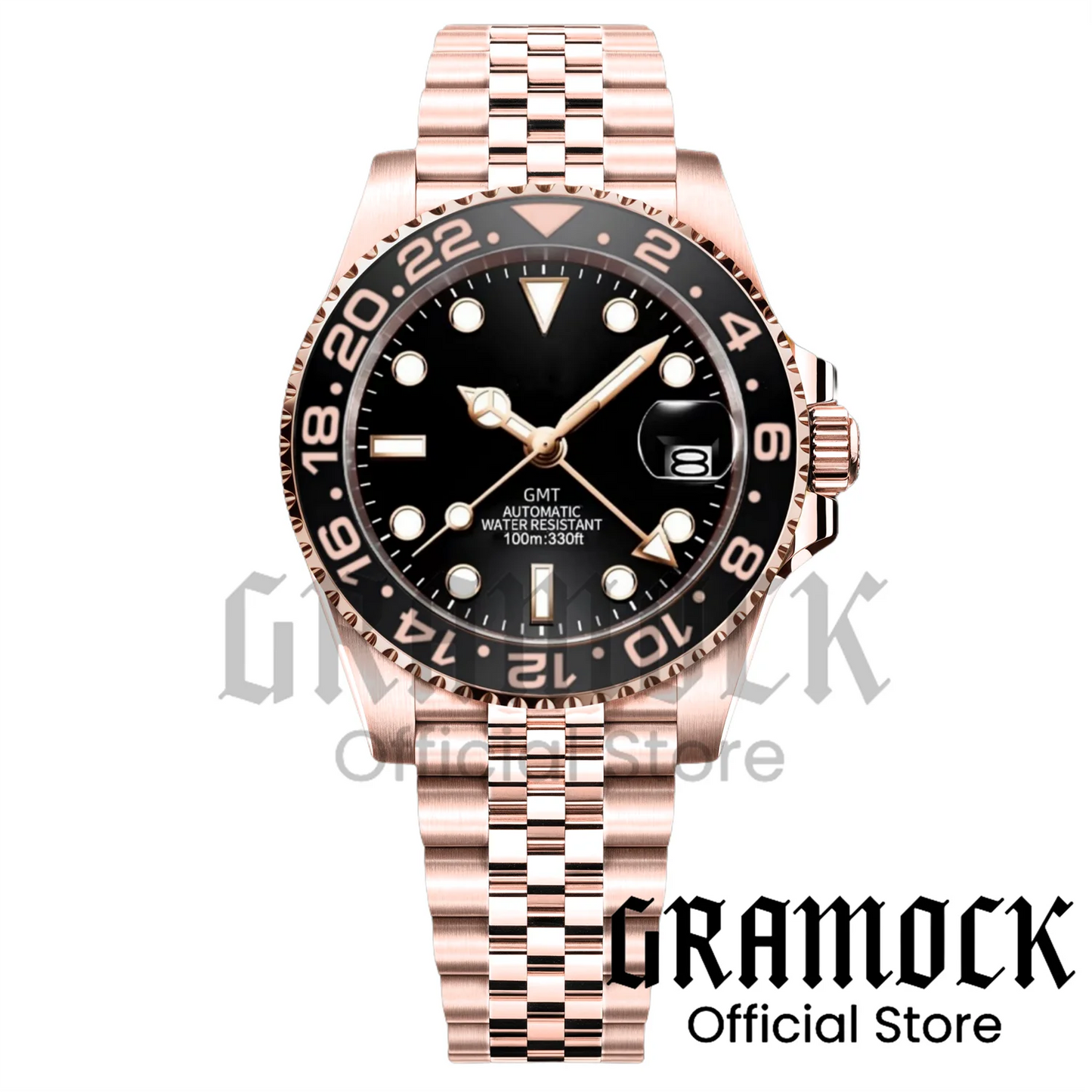 Gramock Rose Gold 40MM GMT NH34A Mechanical Watches Date Sapphire Crystal 100M Diving Rotating Bezel Men's Automatic Wristwatch