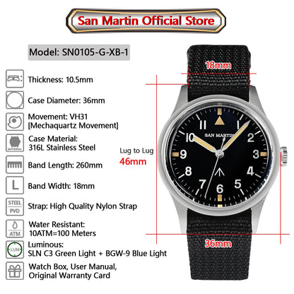 San Martin 36mm Men Pilot Watch VH31 Mechaquartz Movement Sweep Second Quartz Series Simple Style Nylon Strap 10 Bar Luminous