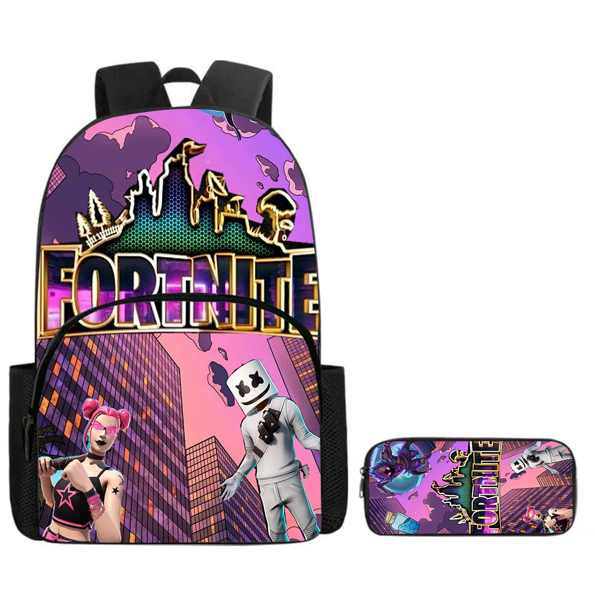 Fortnite Cartoon Backpack w/ Front Pocket & Pencil Case 2PCS - School Set for Boys Girls Age 5-8, Back to School Gift
