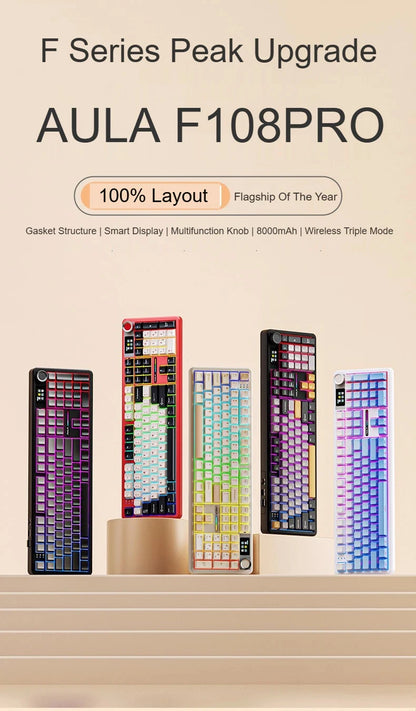 Tastiera meccanica AULA F108 PRO personalizzata layout 100%, retroilluminazione RGB, wireless Bluetooth, switch HiFi, tastiera gaming