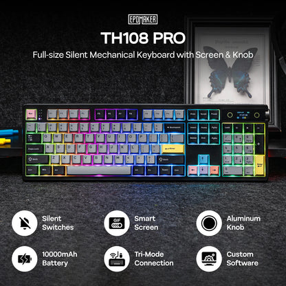 EPOMAKER TH108 PRO 100% Full-Sized Hot-Swap Wired/BT/2.4Ghz Wireless Mechanical Keyboard with Screen & Knob 10000mAh Battery