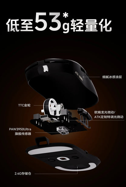 Mouse gaming wireless ATK A9 con tecnologia NearLink, ergonomico, PAW3395, tri-mode Bluetooth a bassa latenza, mouse esports per PC