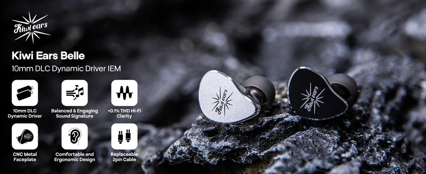Linsoul Kiwi Ears Belle 10mm DLC Dynamic Driver IEM Hifi Earphones with Precision Meets Exciting Sound Signature