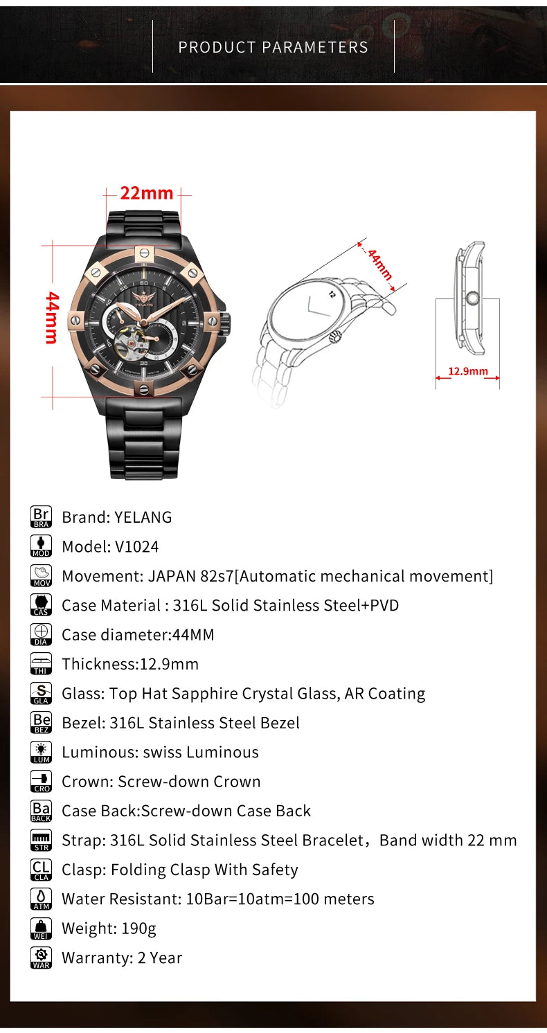 Yelang V1024 Men Brand Watches 44mm Japan miyota 82S7 Automatic Mechanical movement Luminous Men 100m Waterproof Watch business